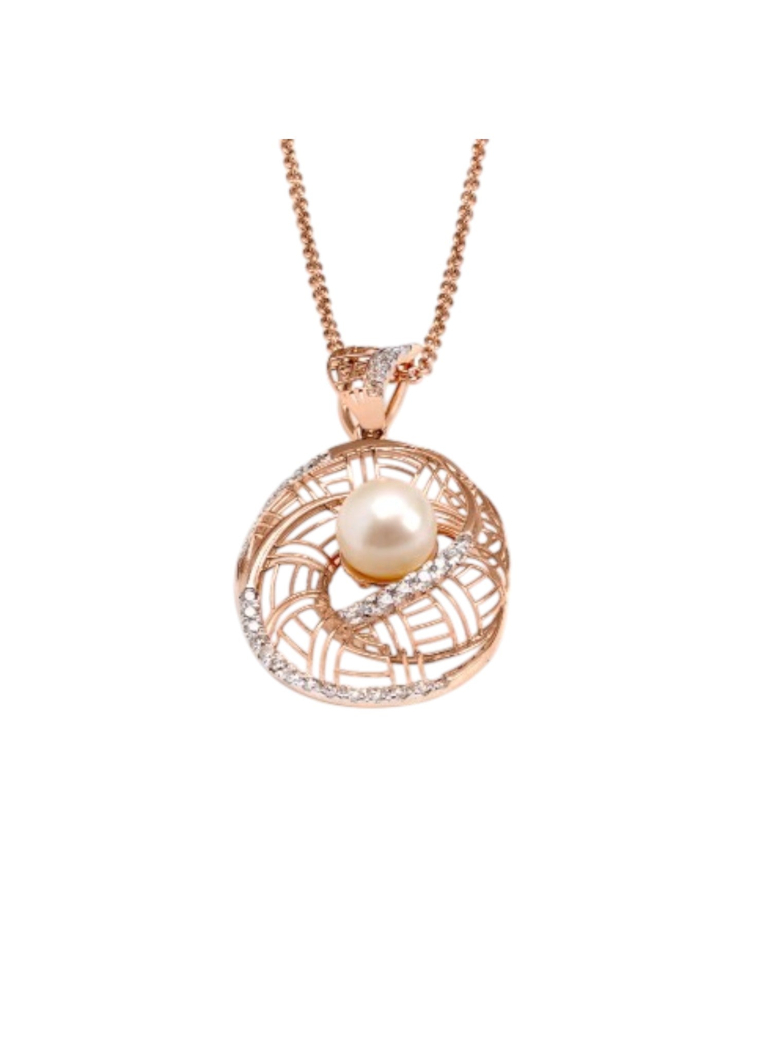 Trendy Pearl Design 925 Sterling Silver CZ Stone Rose Gold Plated Pendant With Chain For Women By Kesardeep
